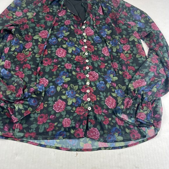 Saks Fifth Avenue Floral Blouse Sheer Long Sleeve Romantic Button Top Medium - Picture 2 of 10